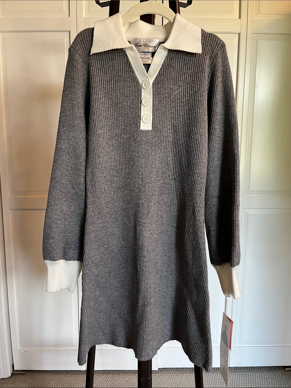 Rare Editions Gray Sweater Dress with White Polo Collar and Bell Sleeves